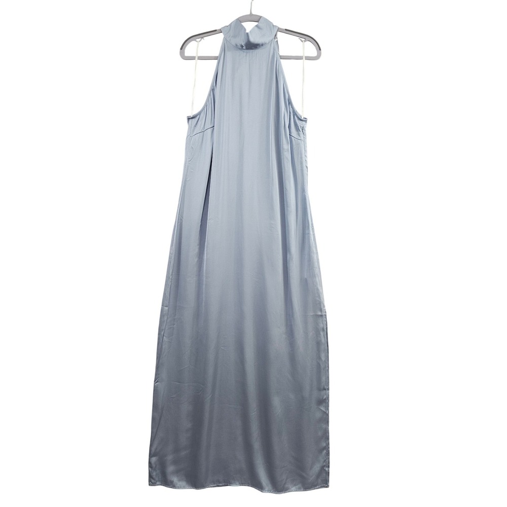 Vila Satin Halter Maxi Dress Womens 10 Light Blue Tie Back Bow Side Slit Formal‎
